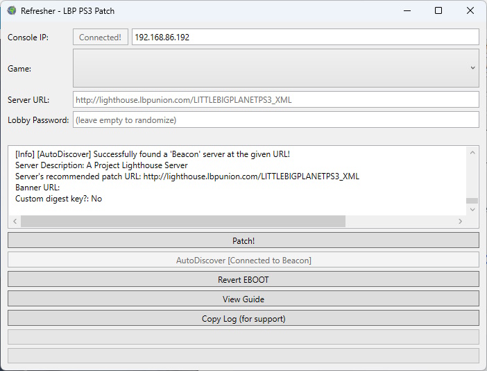 A screenshot of Refresher with details for Beacon's server URL. AutoDiscover says it is connected to Beacon.