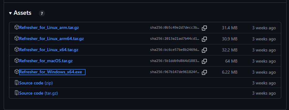 A screenshot of the Refresher releases tab with a list of versions of the software for Linux, MacOS and Windows.
