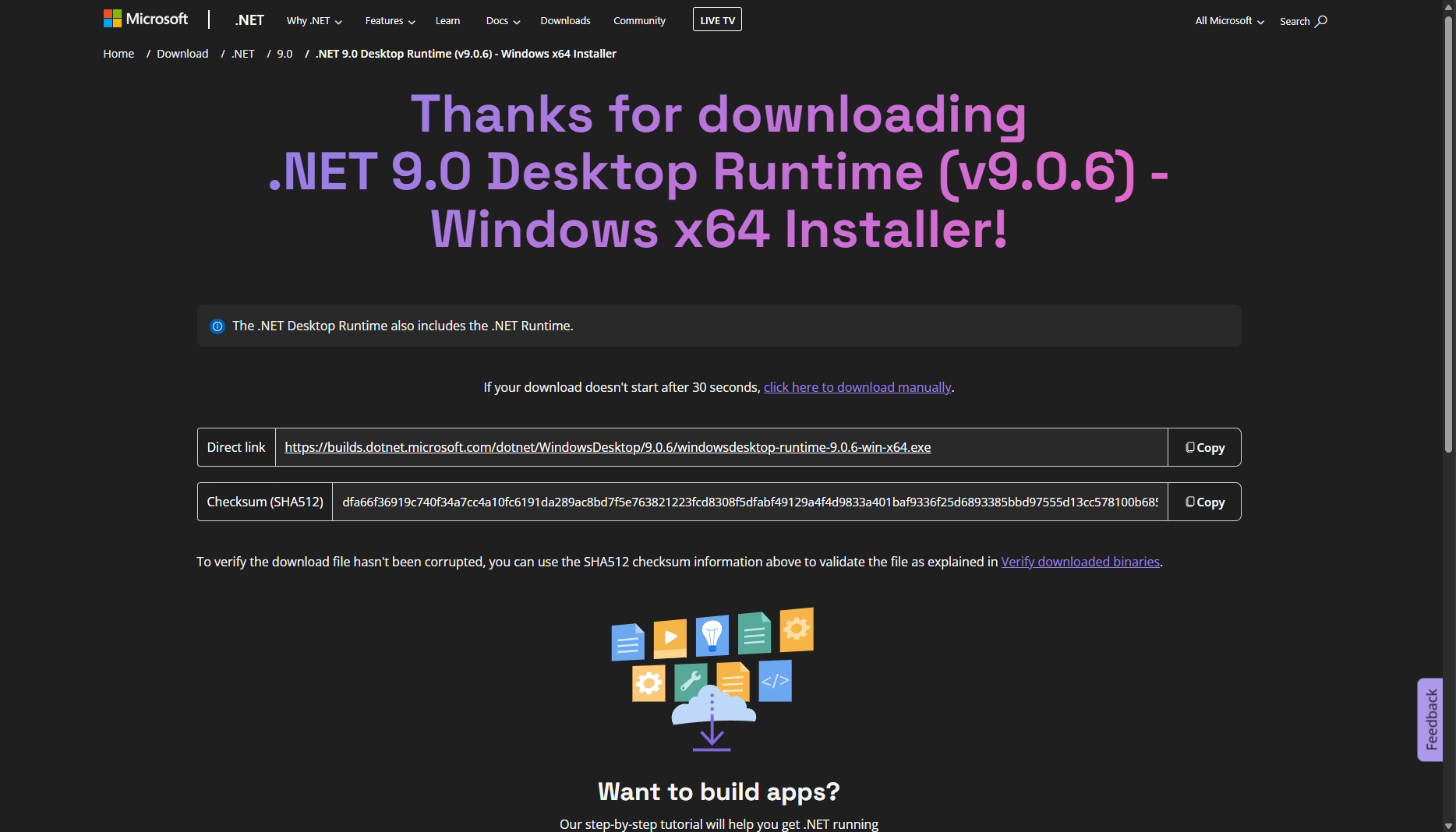 A screenshot of microsoft's installer page for dot net