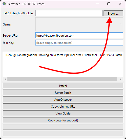 Click Browse in Refresher to select the RPCS3 file system