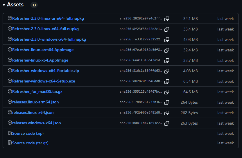A screenshot of the Refresher releases page on GitHub. You need to select the version that matches your operating system to patch your game for LittleBigPlanet custom servers.