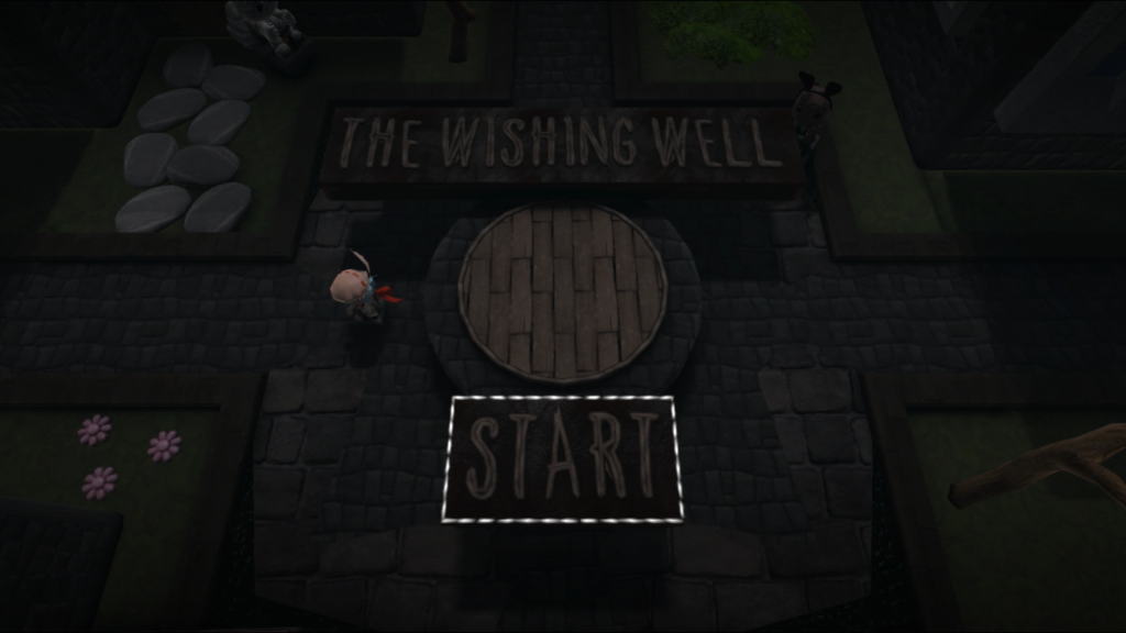 The opening menu for the Wishing Well, a Scare Fair LittleBigPlanet level contest entry. The level is a top down environment in a small village setting. A well appears at the center. 