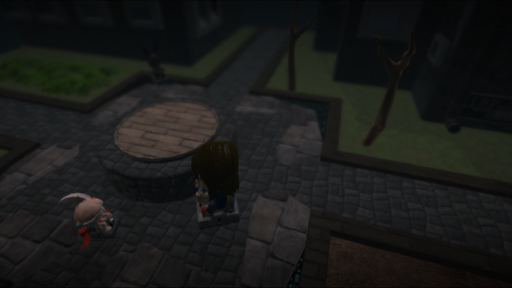 The Wishing Well, a LittleBigPlanet Scare Fair contest entry. This is a screenshot of two characters talking to each other in the top down environment. 