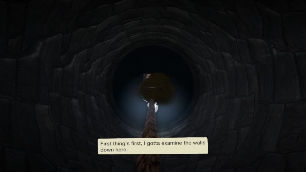 A screenshot from the wishing well, a littlebigplanet scare fair contest entry. The character is suspended by a rope descending into a well. A box appears that reads "first thing's first, I gotta examine hte walls down here." 