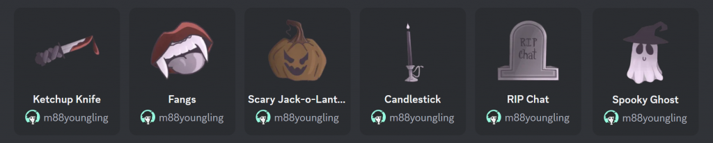 A lineup of spooky stickers created by potato farm. From left to right, ketchup knife, fangs, scary jack o lantern, candlestick, rip chat, and spooky ghost. 
