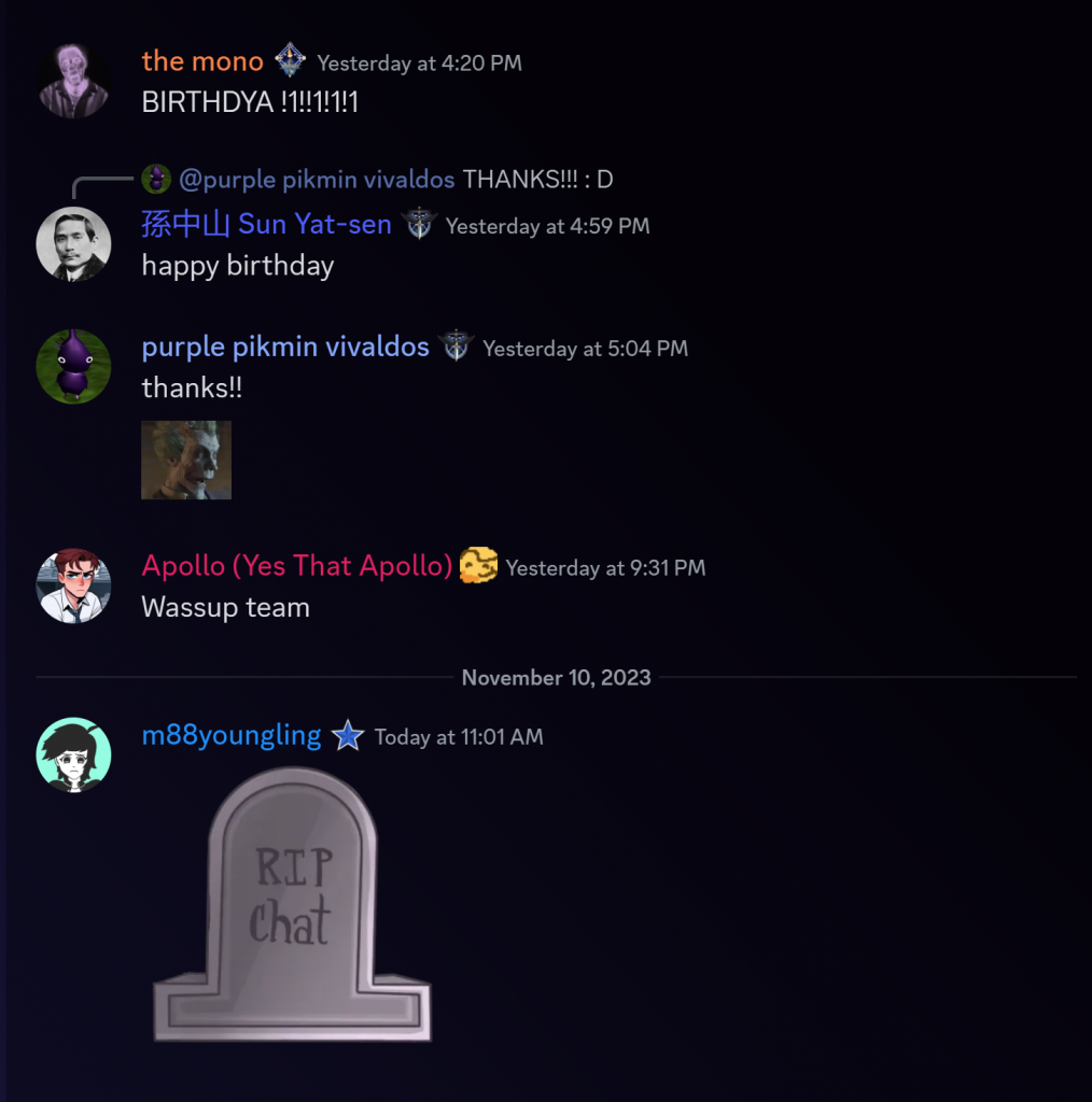A screenshot of Discord with a sticker. The sticker shows a tombstone with the epitaph: 'rip chat'. 