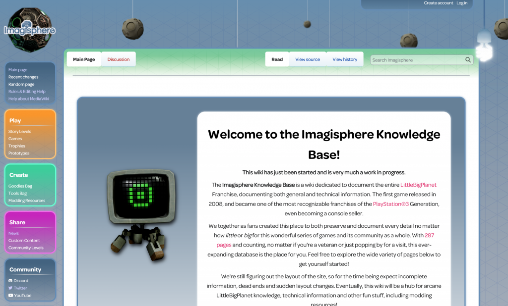 A screenshot of the Imagisphere Wiki homepage. 