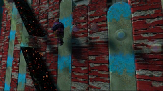 A screenshot of Blazing Ballet. Red wooden walls are the backdrop to a fiery platformer.