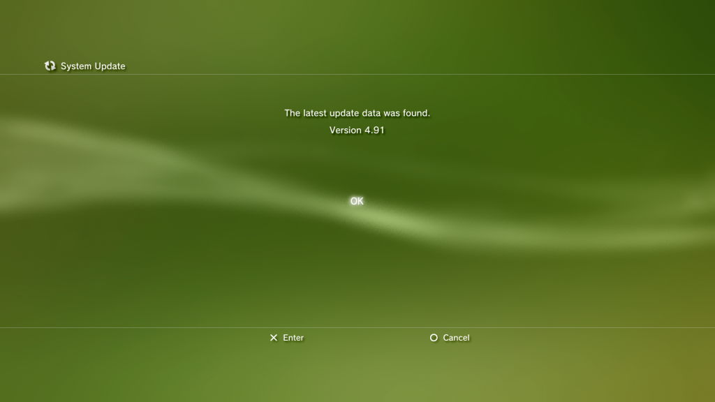 A PS3 screenshot showing a page that says the latest update data was found. Version 4.91