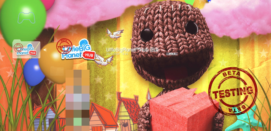LBP Hub as it appears on a PlayStation 3. It has a yelllow toned background with a picture of sackboy  with an open-mouthed smile holding a box