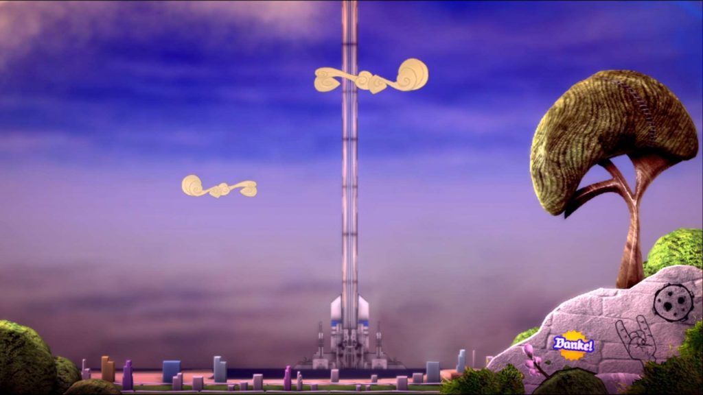 The Beacon space elevator. A littlebigplanet mushroom tree stands on the right in the foreground, and just beneath the distant elevator is a coastline city. 
