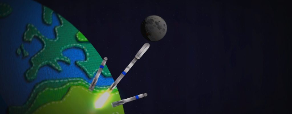 A rocket flies in orbit of Craftworld. Its first stage boosters detach and fall back toward the planet.
