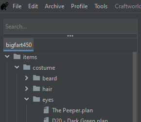 bigfart450 followed by various folders, like items, costume, beard, hair, eyes, etc.