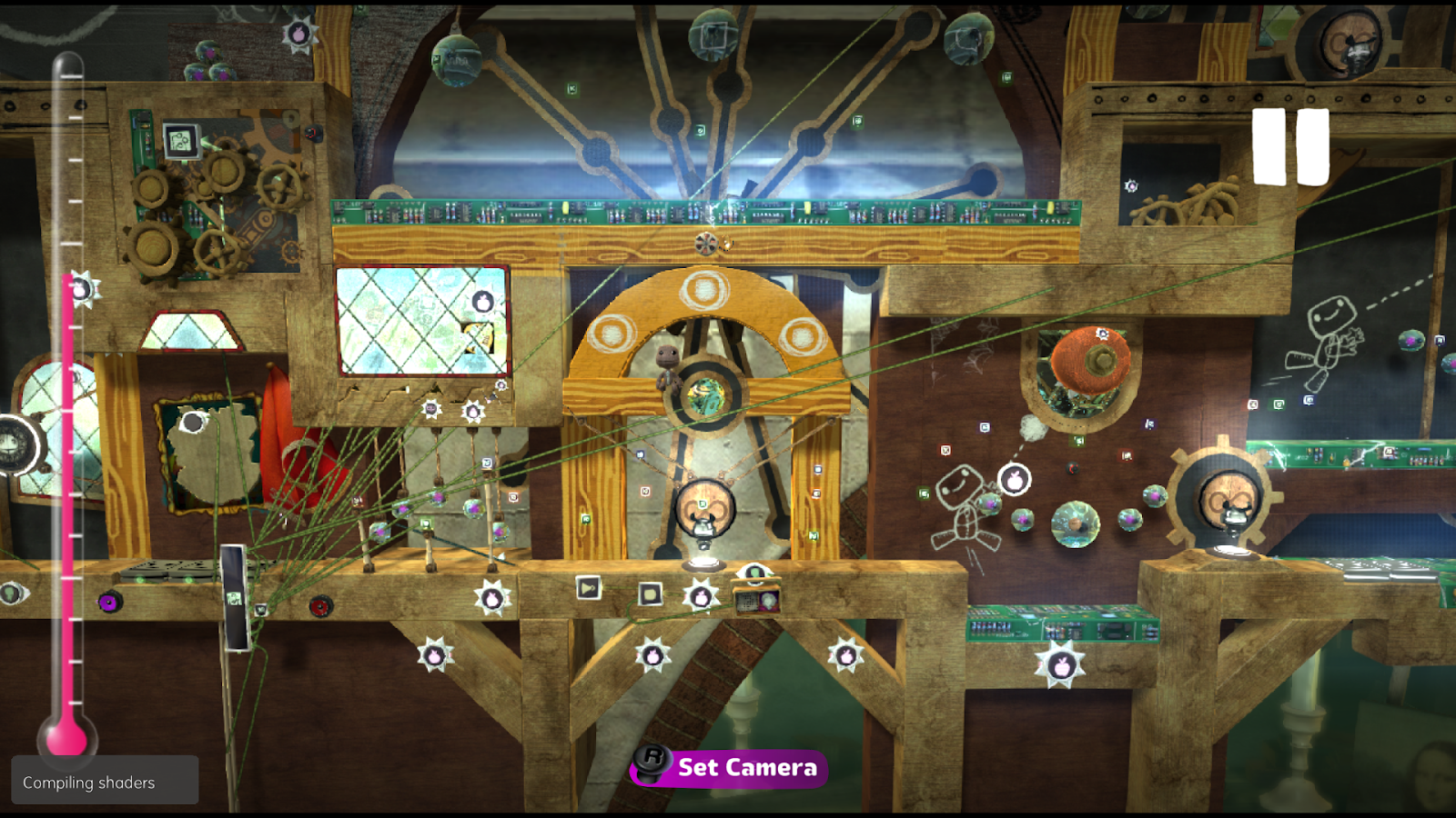 A look at Davinci's bravery test level in create mode. The thermometer is about three quarters of the way full, and many logic wires are visible everywhere.