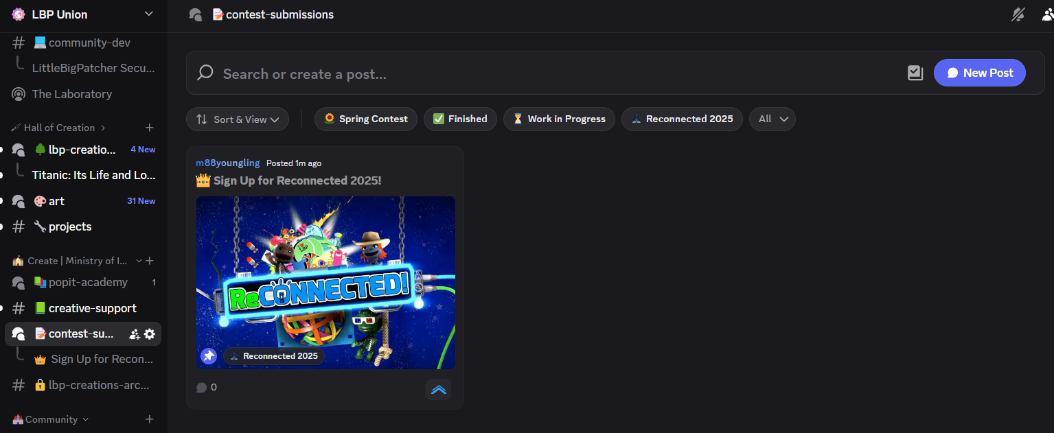 a screenshot of the contest submissions forum on our discord server. this is where you can sign up for lbp reconnected 2025