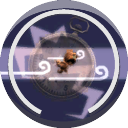 A LittleBigPlanet level badge for Accidental Time Traveler with sackboy flying a jetpack in the wind