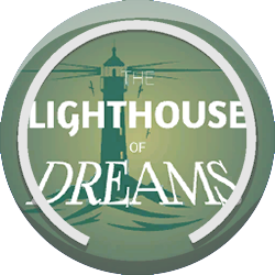A littlebigplanet level badge for the lighthouse of dreams. a grayscale lighthouse on the shore