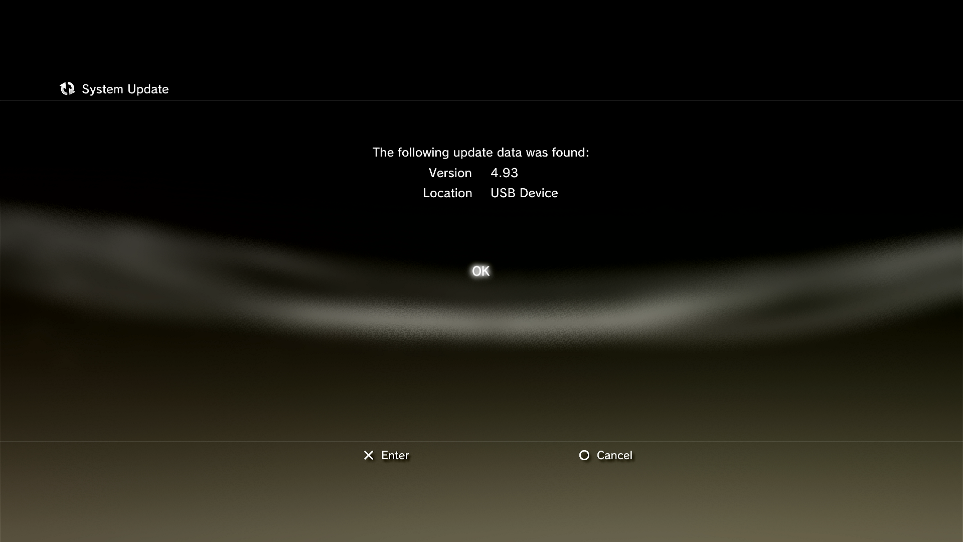 A screenshot of the PlayStation 3 update screen. Text reads the following update data was found version 4.93 location USB device ok enter cancel