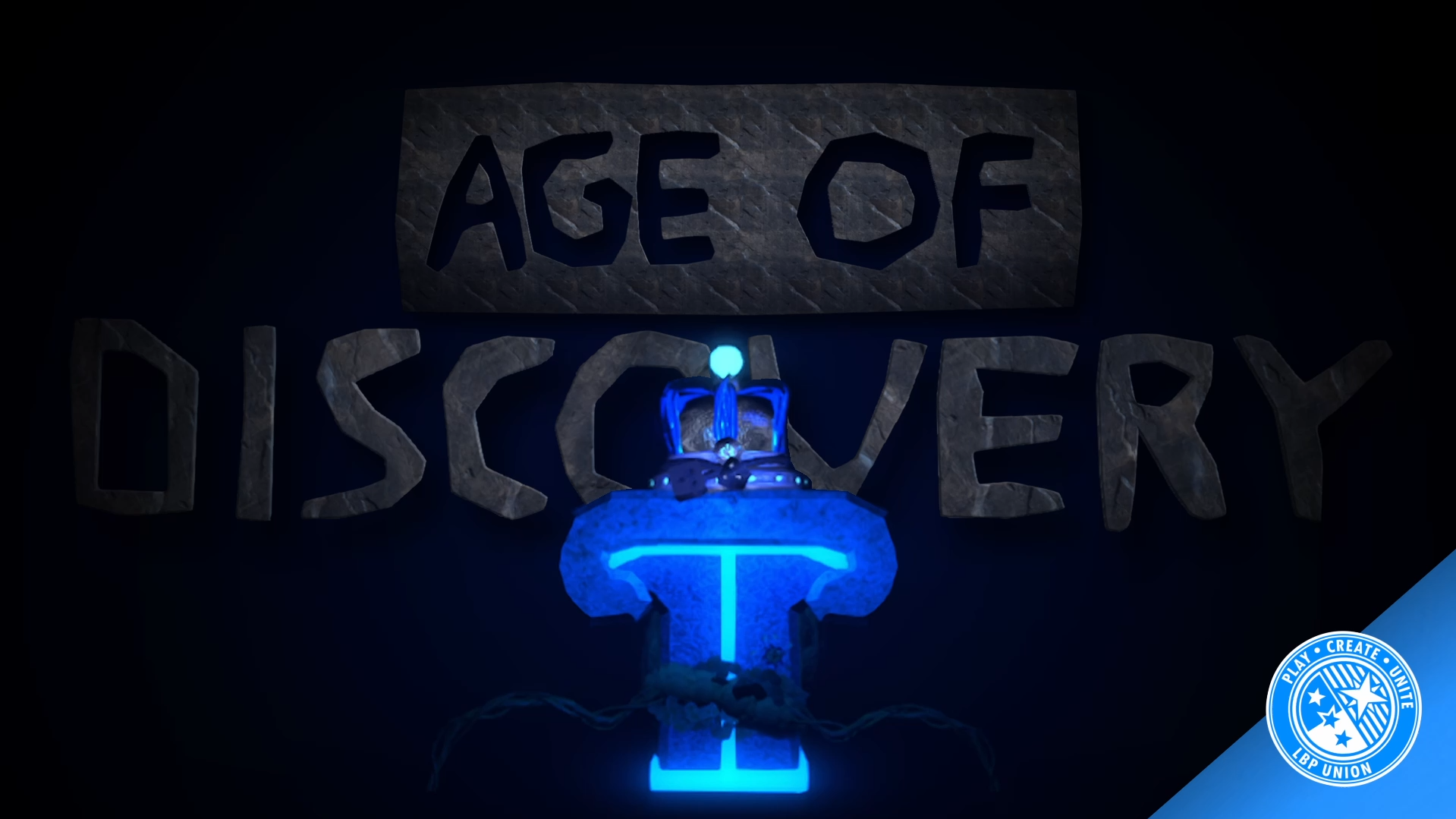 A dark blue Reconnected Crown sits atop a pedestal with the words 'Age of Discovery' carved into a dark, stone background