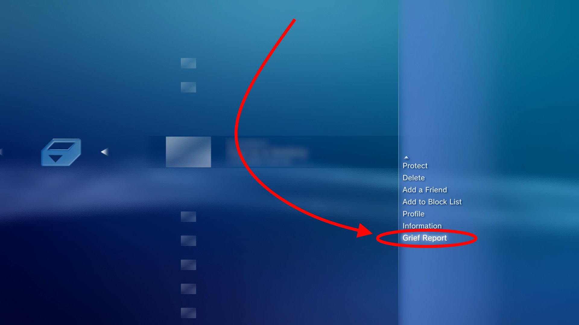 An arrow points to the button Grief report in the PlayStation 3 message settings