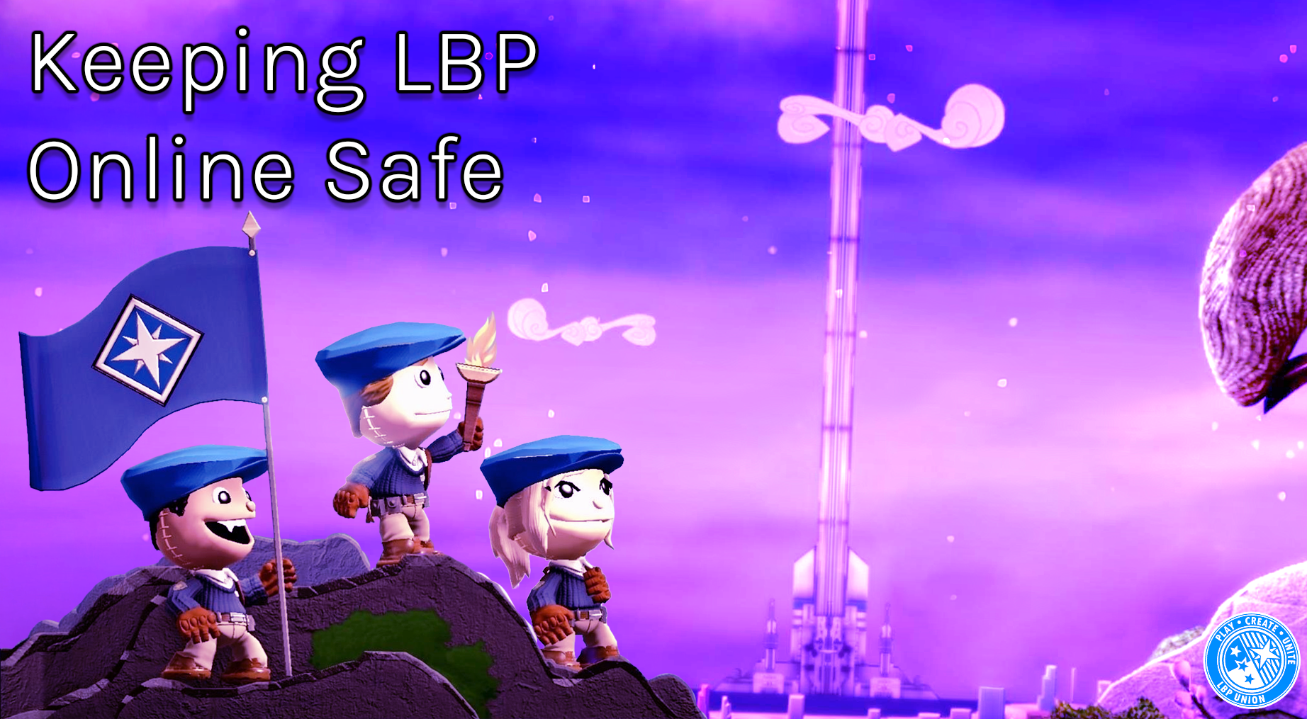 LBP Union Pathfinders carry the Union's flag on a hill. The Beacon space elevator towers over a oceanside city in the distance