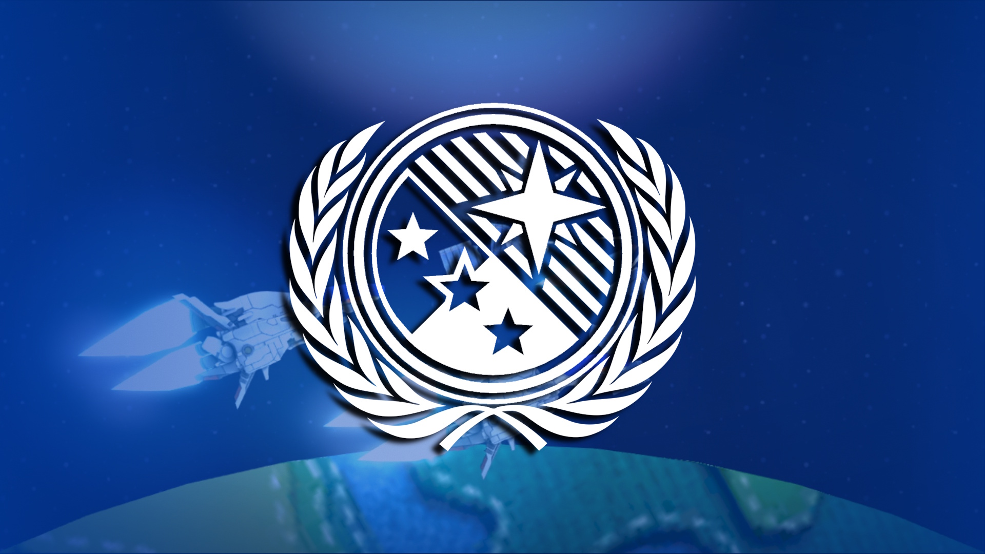 The LBP Union's formal emblem casts a shadow on a blue gradient background. Ships are seen orbiting a Craftworld that looms below.